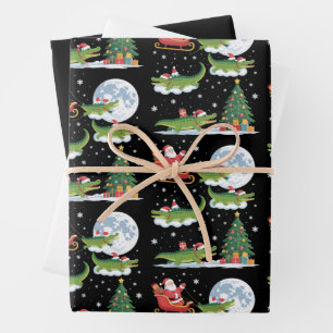 Funny Xmas Lighting Tree Santa Riding Alligator  Wrapping Paper Sheet
