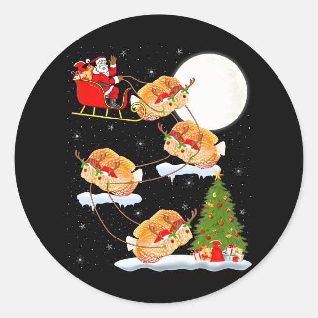 Funny Xmas Lighting Tree Santa Riding Discus Fish Classic Round Sticker (Front)