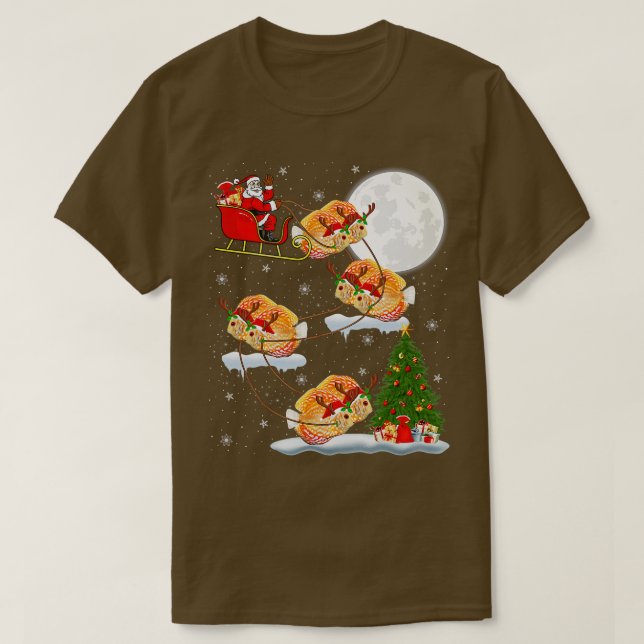 Funny Xmas Lighting Tree Santa Riding Discus Fish  T-Shirt (Design Front)