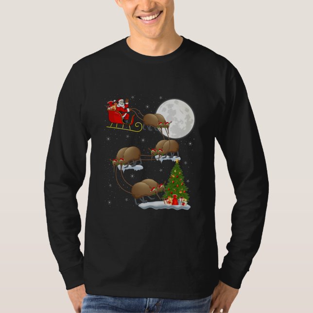 Funny Xmas Lighting Tree Santa Riding Kiwi Bird T-Shirt (Front)