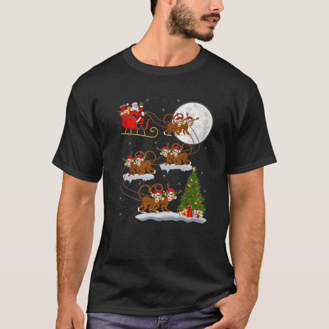 Funny Xmas Lighting Tree Santa Riding Monkey Chris T-Shirt (Front)