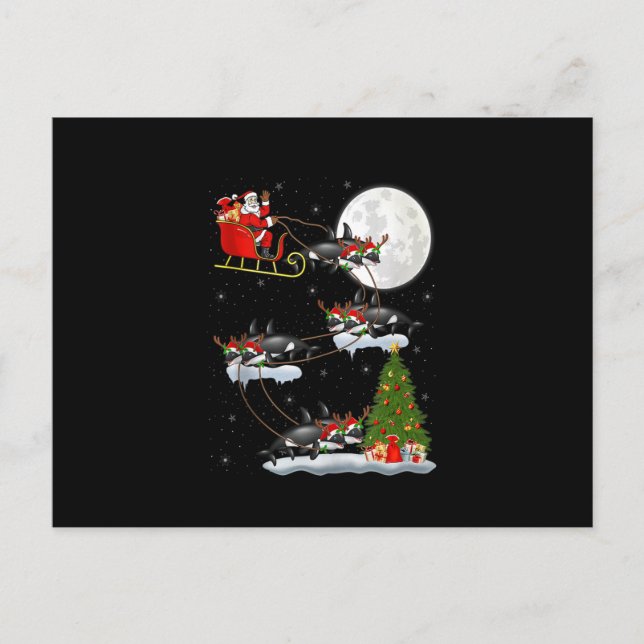 Funny Xmas Lighting Tree Santa Riding Orca Fish Ch Postcard (Front)