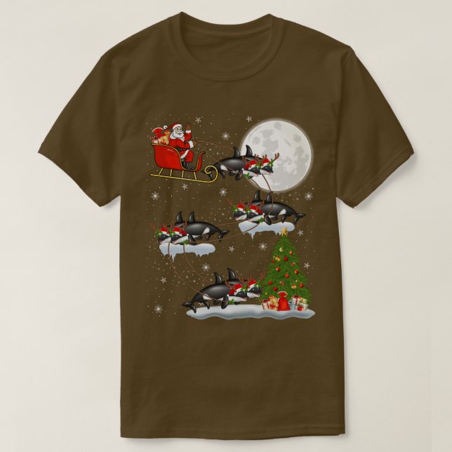 Funny Xmas Lighting Tree Santa Riding Orca Fish Ch T-Shirt (Design Front)
