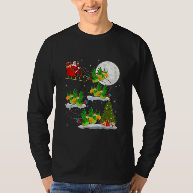 Funny Xmas Lighting Tree Santa Riding Parrot T-Shirt (Front)