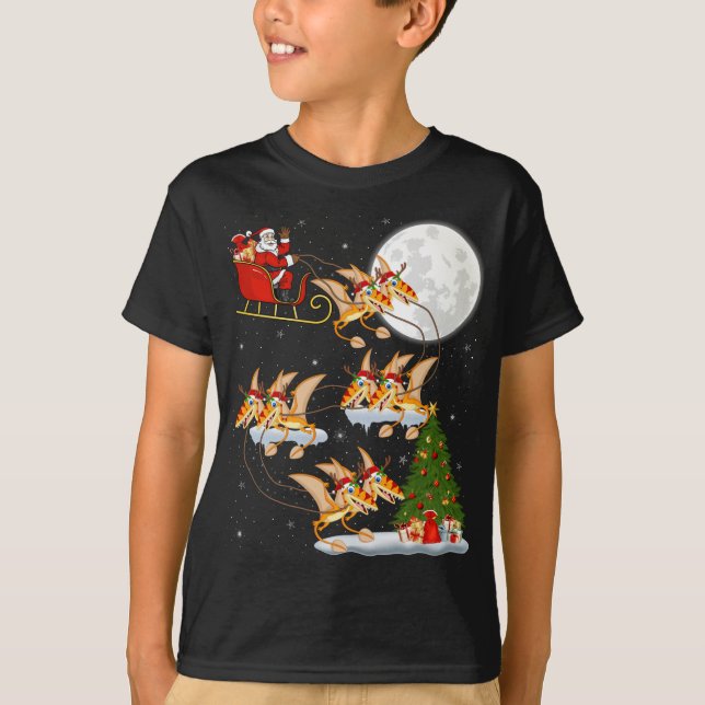 Funny Xmas Lighting Tree Santa Riding Pterodactyl  T-Shirt (Front)