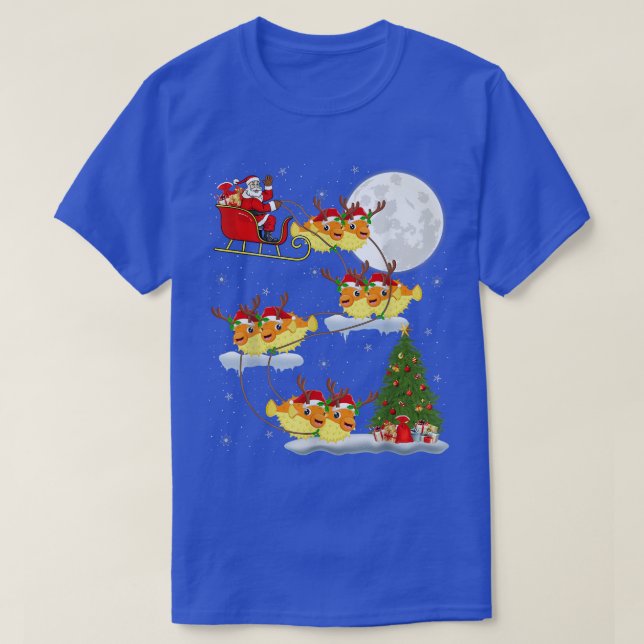 Funny Xmas Lighting Tree Santa Riding Puffer Fish  T-Shirt (Design Front)