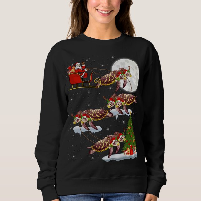 Funny Xmas Lighting Tree Santa Riding Sea Turtle C Sweatshirt (Front)