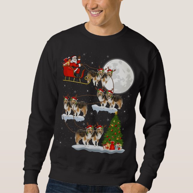 Funny Xmas Lighting Tree Santa Riding Sheltie Chri Sweatshirt (Front)