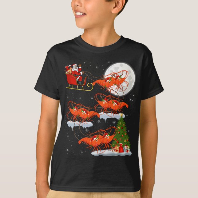 Funny Xmas Lighting Tree Santa Riding Shrimp Chris T-Shirt (Front)