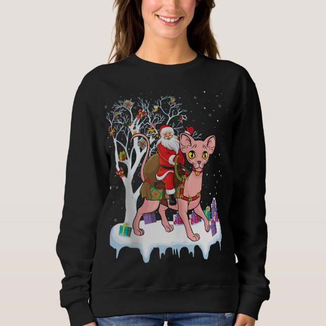 Funny Xmas Lighting Tree Santa Riding Sphynx Cat C Sweatshirt (Front)