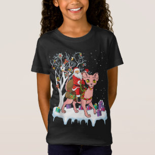 Funny Xmas Lighting Tree Santa Riding Sphynx Cat C T-Shirt