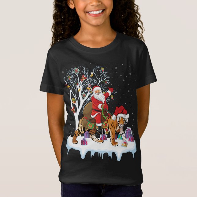 Funny Xmas Lighting Tree Santa Riding Tiger Christ T-Shirt (Front)