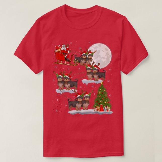 Funny Xmas Lighting Tree Santa Riding Yorkie Chris T-Shirt (Design Front)