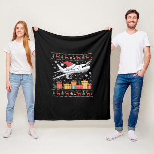 Funny Xmas Lighting Tree Santa Ugly Aeroplane  Fleece Blanket