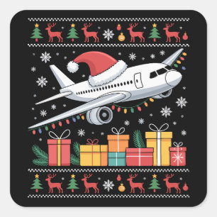 Funny Xmas Lighting Tree Santa Ugly Aeroplane  Square Sticker