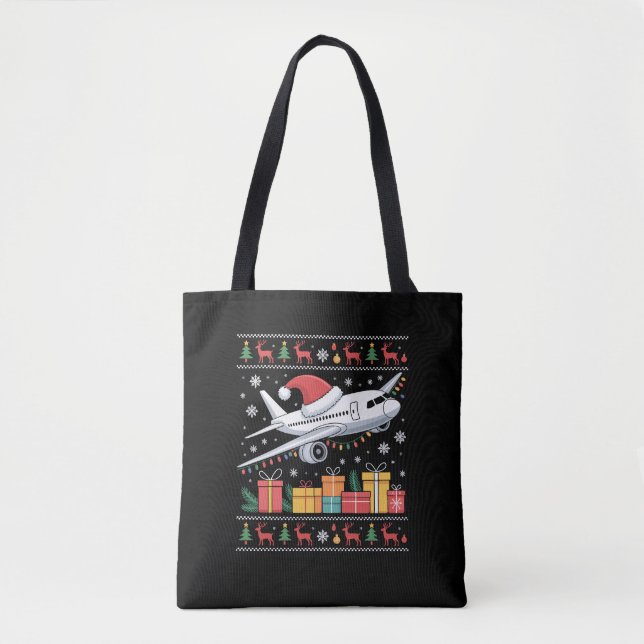 Funny Xmas Lighting Tree Santa Ugly Aeroplane  Tote Bag (Front)