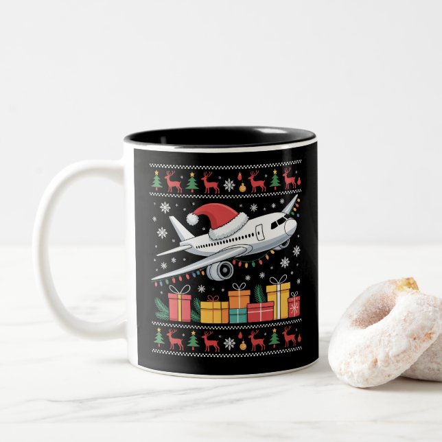 Funny Xmas Lighting Tree Santa Ugly Aeroplane  Two-Tone Coffee Mug (With Donut)