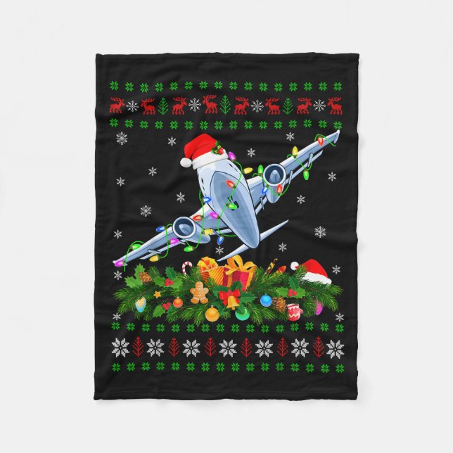 Funny Xmas Lighting Tree Santa Ugly Airplane Chris Fleece Blanket (Front)