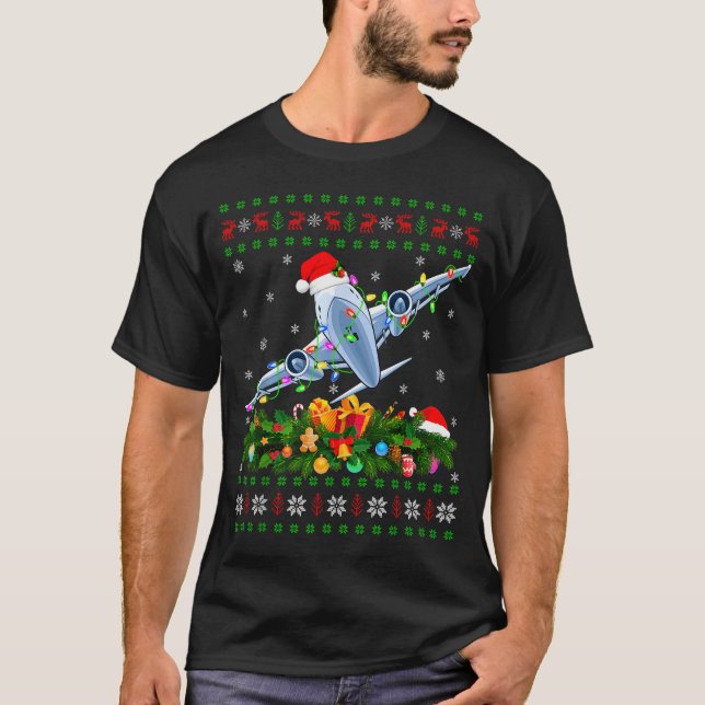 Funny Xmas Lighting Tree Santa Ugly Airplane Chris T-Shirt (Front)