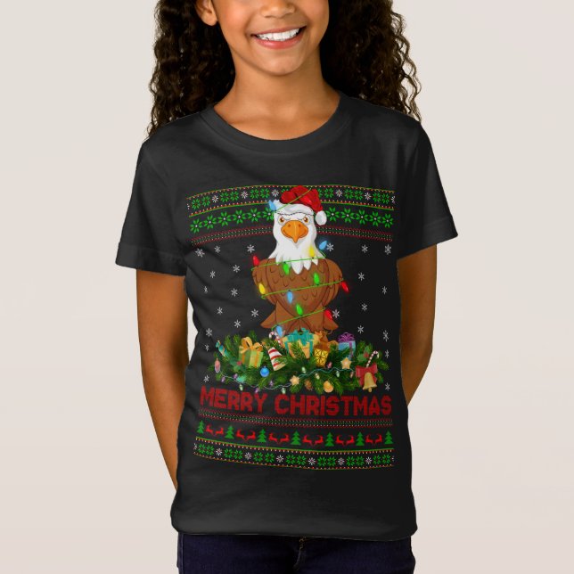 Funny Xmas Lighting Tree Santa Ugly Bald Eagle Chr T-Shirt (Front)
