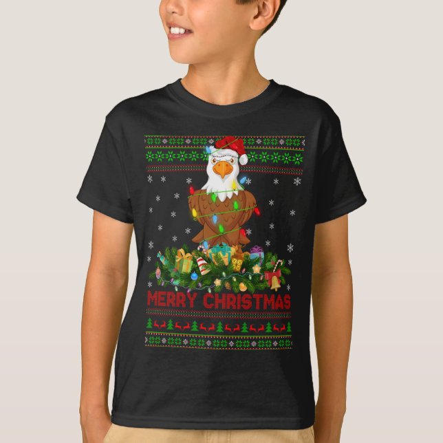 Funny Xmas Lighting Tree Santa Ugly Bald Eagle Chr T-Shirt (Front)