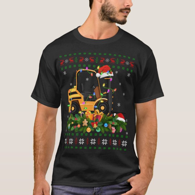 Funny Xmas Lighting Tree Santa Ugly Forklift Chris T-Shirt (Front)