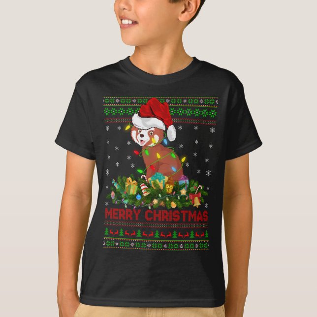 Funny Xmas Lighting Tree Santa Ugly Red Panda Chri T-Shirt (Front)
