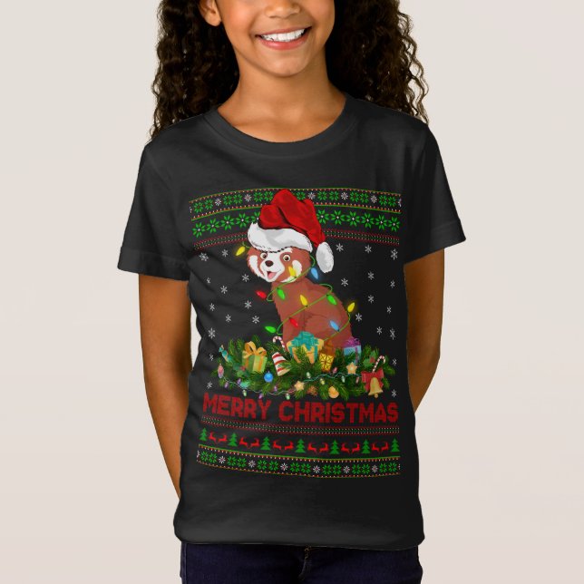 Funny Xmas Lighting Tree Santa Ugly Red Panda Chri T-Shirt (Front)