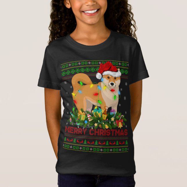 Funny Xmas Lighting Tree Santa Ugly Shiba Inu Dog  T-Shirt (Front)