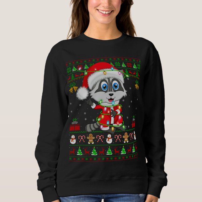 Funny Xmas Lights Ugly Sweater Style Santa Racoon (Front)