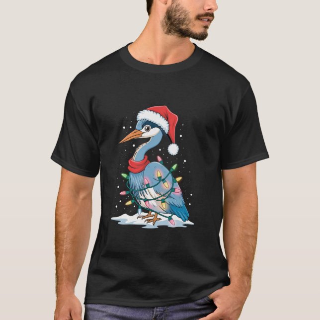 Funny Xmas Matching Santa Hat Heron Christmas Tree T-Shirt (Front)
