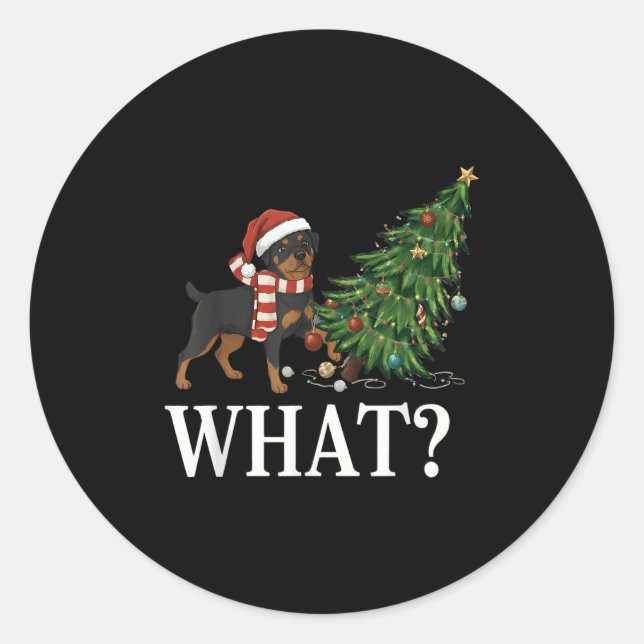Funny Xmas Rottweiler Pushing Christmas Tree Over  Classic Round Sticker (Front)