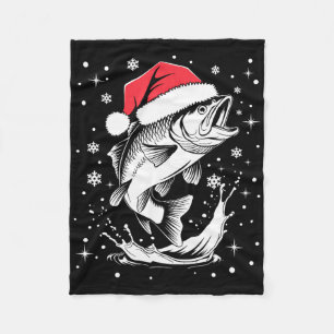 Funny Xmas Santa Hat Fish Christmas Fishing  Fleece Blanket