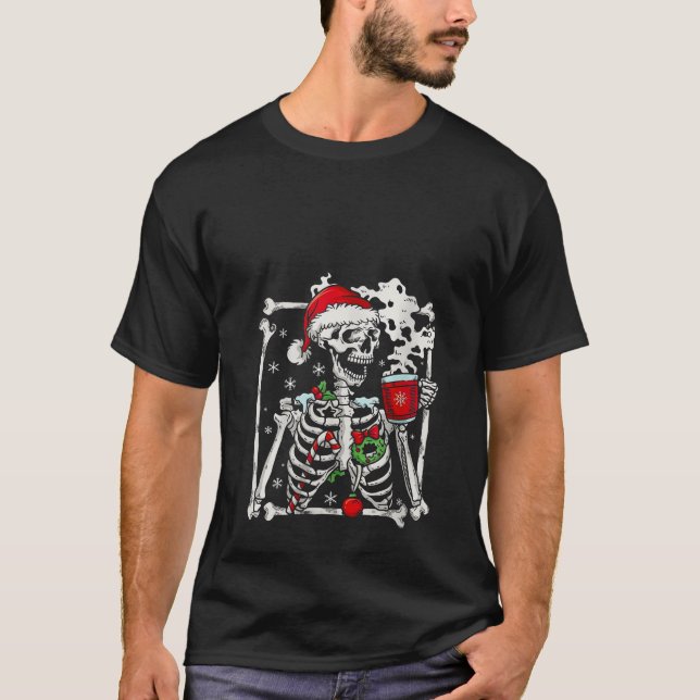 Funny Xmas Skeleton With Smiling Skull Drinking Co T-Shirt (Front)