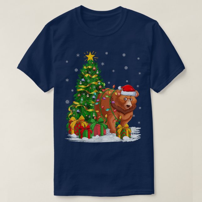 Funny Xmas Tree Family Matching Santa Grizzly Bear T-Shirt (Design Front)