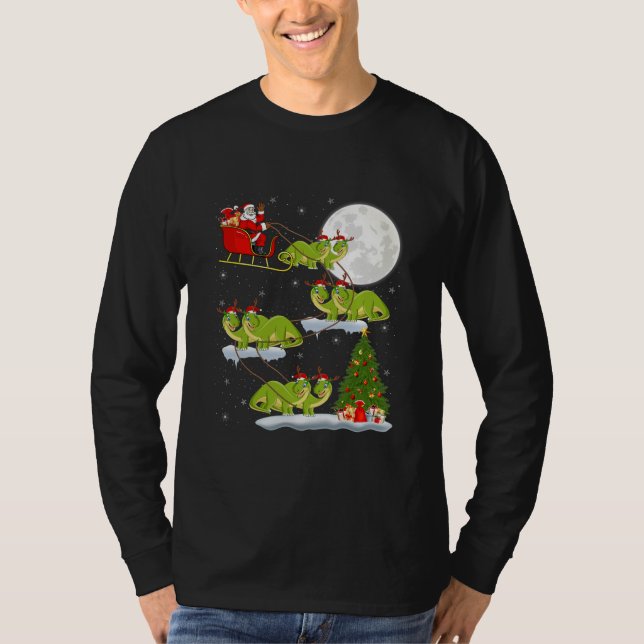 Funny Xmas Tree Santa Riding Brontosaurus T-Shirt (Front)