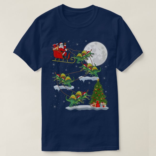 Funny Xmas Tree Santa Riding Spinosaurus Dinosaur  T-Shirt (Design Front)
