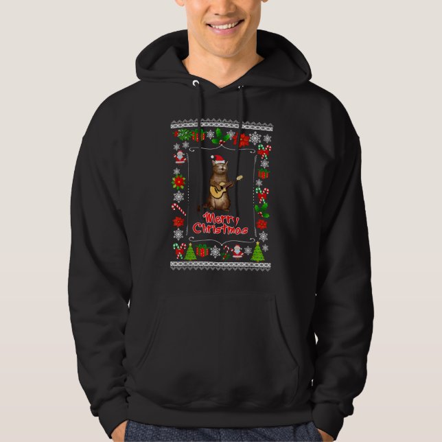 Funny xmas ugly cat lovers owners playing ukele hoodie (Front)