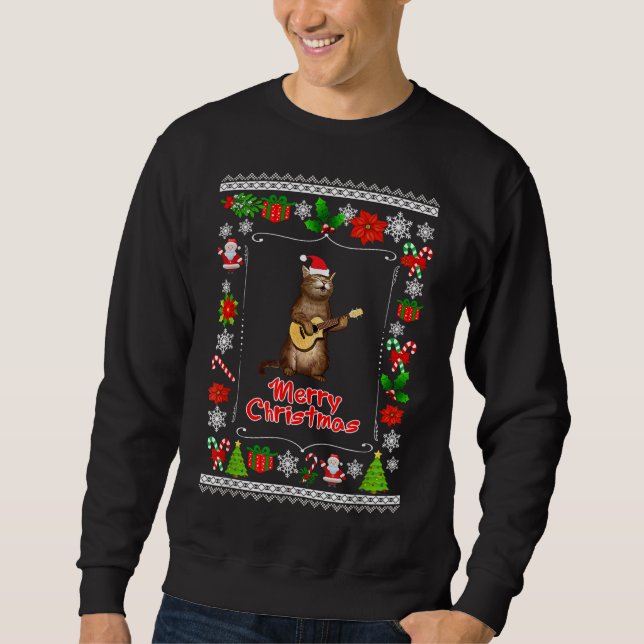 Funny xmas ugly cat lovers owners playing ukele sweatshirt (Front)