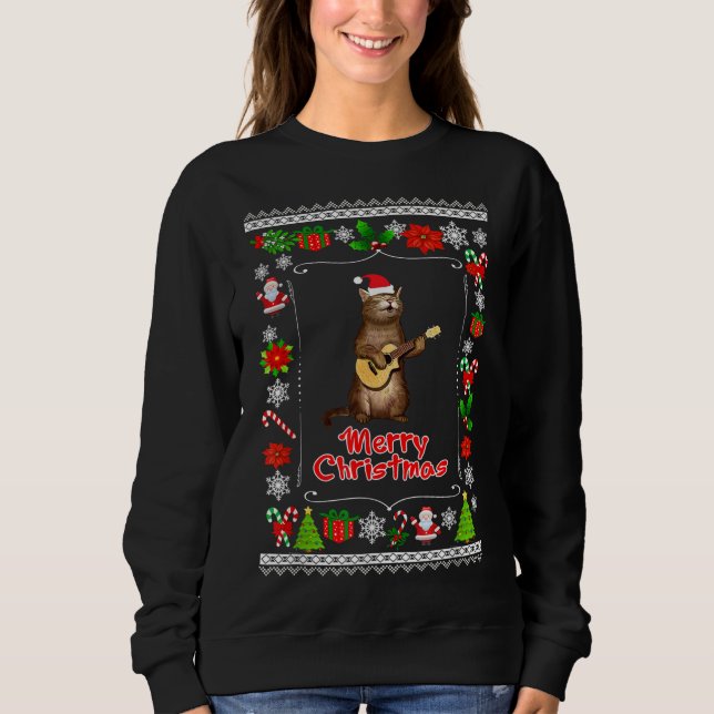 Funny xmas ugly cat lovers owners playing ukele sweatshirt (Front)