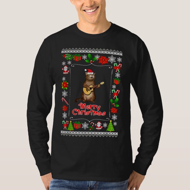 Funny xmas ugly cat lovers owners playing ukele T-Shirt (Front)