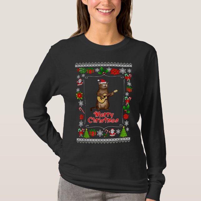 Funny xmas ugly cat lovers owners playing ukele T-Shirt (Front)