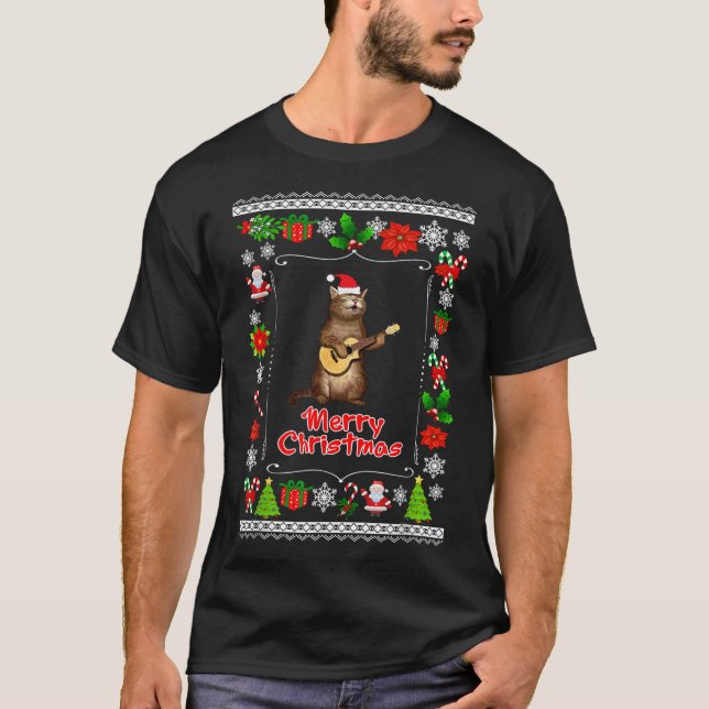 Funny xmas ugly cat lovers owners playing ukele T-Shirt (Front)