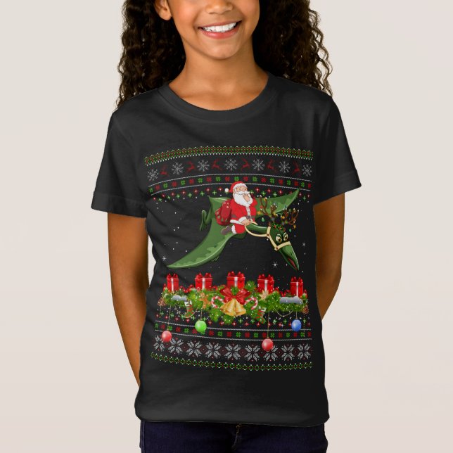 Funny Xmas Ugly Santa Riding Pterodactyl Bird Chri T-Shirt (Front)