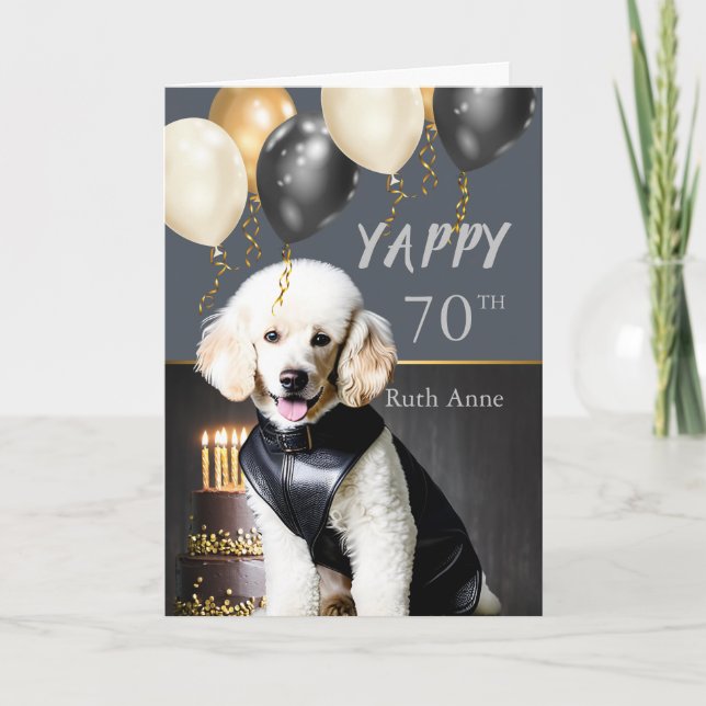 Funny Yappy 70th Birthday White Poodle in Leather  Holiday Card (Front)