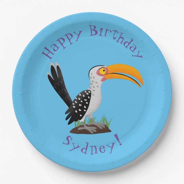 Funny yellow billed hornbill personalised birthday paper plate (Front)
