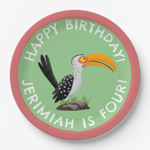 Funny yellow billed hornbill personalised birthday paper plate
