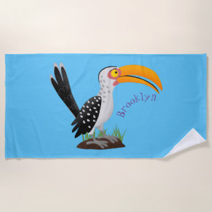 Funny yellow billed hornbill safari bird cartoon beach towel
