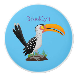 Funny yellow billed hornbill safari bird cartoon ceramic knob