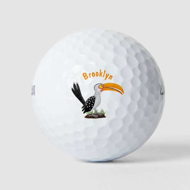 Funny yellow billed hornbill safari bird cartoon golf balls (Front)